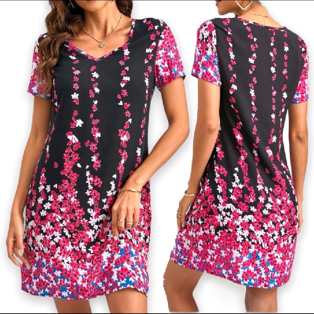 New Boho Floral Print Black Pink White Blue V Neck Short Sleeve Mini Tunic Dress - Picture 4 of 13